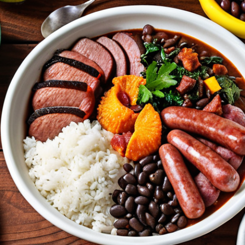 Home 4 **
A vibrant and colorful feast of feijoada, showcasing the black beans, various smoked meats (sausage, bacon), and aromatic spices. The presentation should be rustic and inviting, with side dishes like white rice, collard greens, and orange slices arranged around the feijoada. Capture the essence of a traditional Brazilian celebration.
**