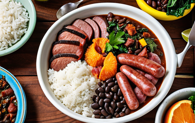 **
A vibrant and colorful feast of feijoada, showcasing the black beans, various smoked meats (sausage, bacon), and aromatic spices. The presentation should be rustic and inviting, with side dishes like white rice, collard greens, and orange slices arranged around the feijoada. Capture the essence of a traditional Brazilian celebration.
**