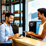 A professional adult male traveler in a smart casual, modest outfit, standing at a modern cafe counter in a bustling, sunlit street in Rio de Janeiro. He is discreetly paying with a credit card at a Point-of-Sale (POS) terminal. A cup of coffee and a small, local pastry are visible on the counter. The background shows modern architecture and a glimpse of iconic Brazilian city life, with people walking by. Professional photography, high resolution, realistic, vibrant colors, soft natural lighting, well-formed hands, proper finger count, perfect anatomy, correct proportions, natural pose, safe for work, appropriate content, fully clothed, modest clothing, professional dress, family-friendly.