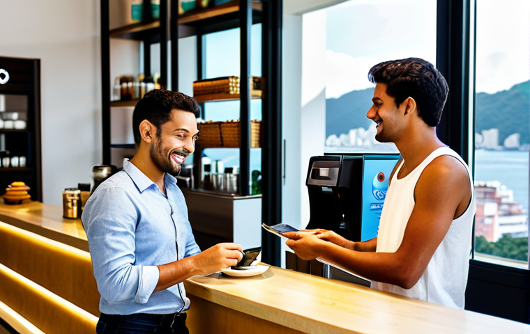 A professional adult male traveler in a smart casual, modest outfit, standing at a modern cafe counter in a bustling, sunlit street in Rio de Janeiro. He is discreetly paying with a credit card at a Point-of-Sale (POS) terminal. A cup of coffee and a small, local pastry are visible on the counter. The background shows modern architecture and a glimpse of iconic Brazilian city life, with people walking by. Professional photography, high resolution, realistic, vibrant colors, soft natural lighting, well-formed hands, proper finger count, perfect anatomy, correct proportions, natural pose, safe for work, appropriate content, fully clothed, modest clothing, professional dress, family-friendly.