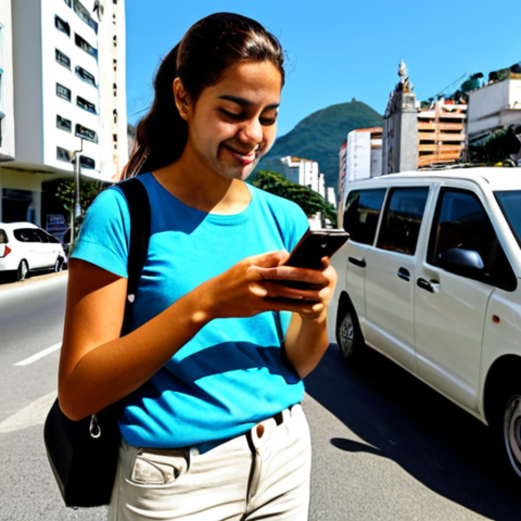 A confident, well-prepared traveler in modest, comfortable travel attire including light trousers, a practical shirt, and a secure cross-body bag, checking a smartphone for navigation on a bright, sunny street in a modern, safe neighborhood of Rio de Janeiro. Clean, contemporary buildings and a ride-sharing vehicle are visible in the background. Professional photography, high quality, natural lighting, perfect anatomy, correct proportions, natural pose, well-formed hands, proper finger count, natural body proportions, safe for work, appropriate content, fully clothed, modest, family-friendly.