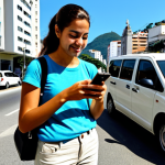 A confident, well-prepared traveler in modest, comfortable travel attire including light trousers, a practical shirt, and a secure cross-body bag, checking a smartphone for navigation on a bright, sunny street in a modern, safe neighborhood of Rio de Janeiro. Clean, contemporary buildings and a ride-sharing vehicle are visible in the background. Professional photography, high quality, natural lighting, perfect anatomy, correct proportions, natural pose, well-formed hands, proper finger count, natural body proportions, safe for work, appropriate content, fully clothed, modest, family-friendly.