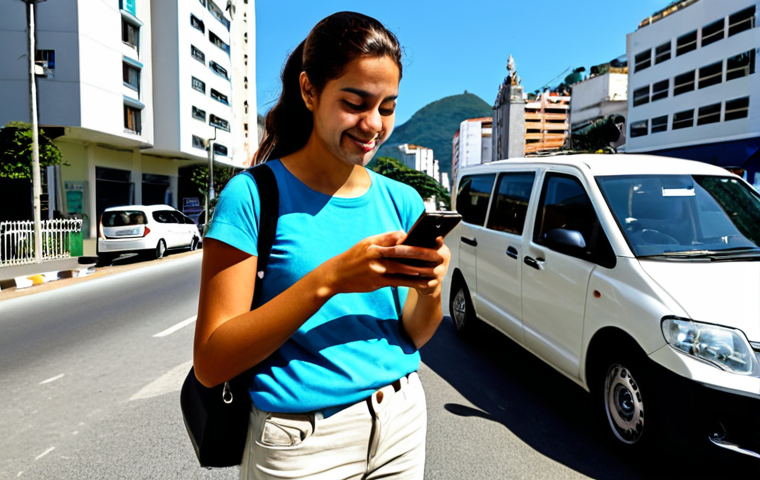 A confident, well-prepared traveler in modest, comfortable travel attire including light trousers, a practical shirt, and a secure cross-body bag, checking a smartphone for navigation on a bright, sunny street in a modern, safe neighborhood of Rio de Janeiro. Clean, contemporary buildings and a ride-sharing vehicle are visible in the background. Professional photography, high quality, natural lighting, perfect anatomy, correct proportions, natural pose, well-formed hands, proper finger count, natural body proportions, safe for work, appropriate content, fully clothed, modest, family-friendly.